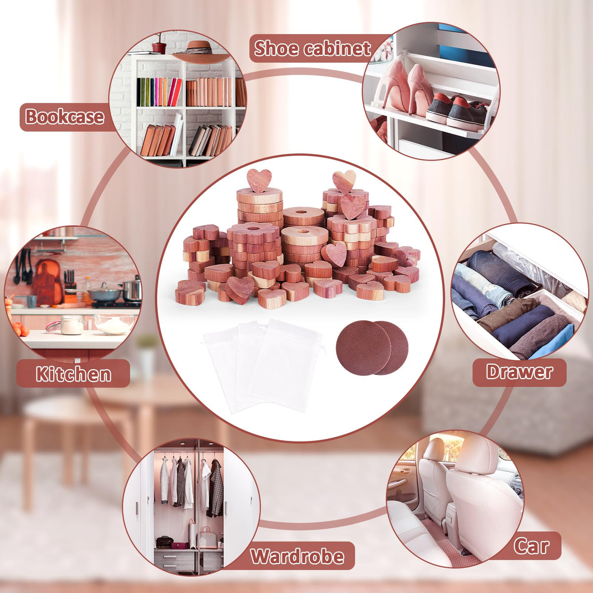 Woodever sachets shown with cedar blocks for organized wardrobe protection.