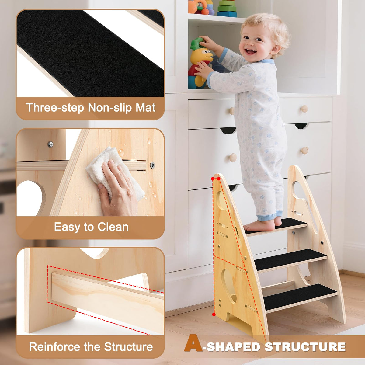 Woodever stool features triple non-slip mats for safer use on floors