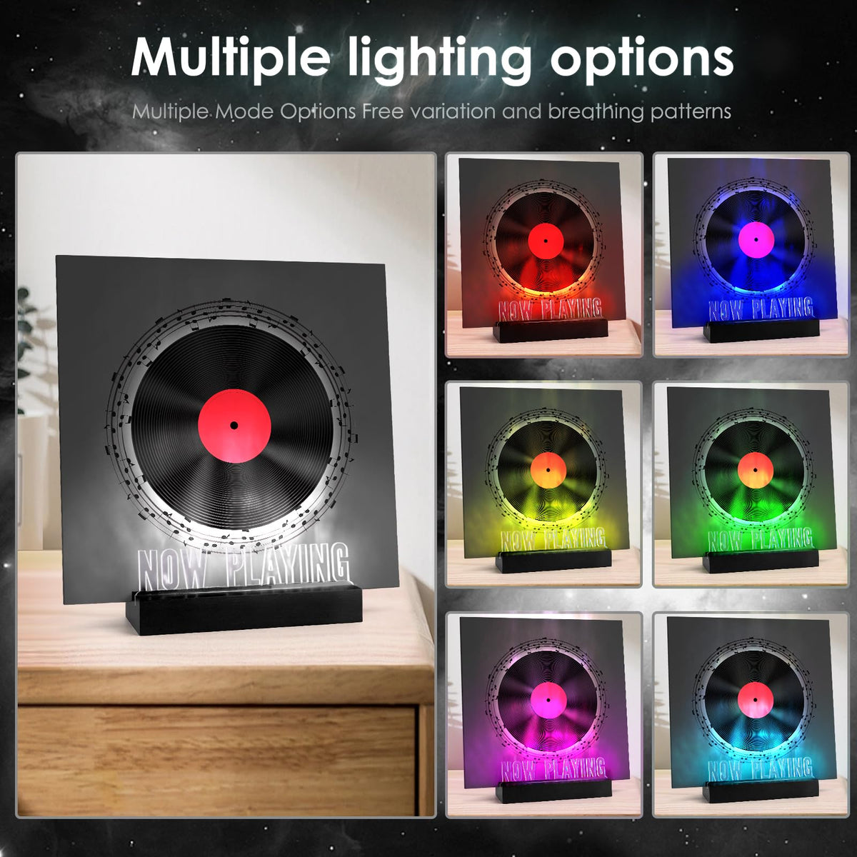 Woodoulogy Now Playing LED strip modes showcasing color options