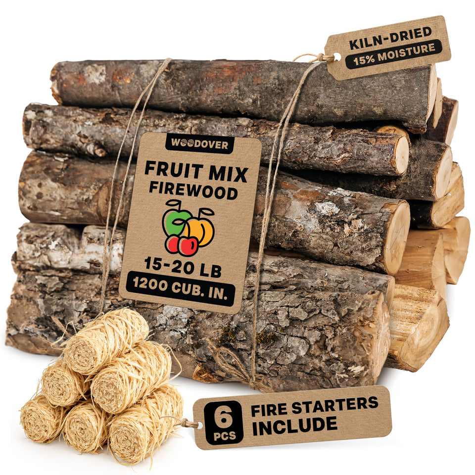 Woodover 15-inch apple and cherry firewood logs ready for indoor or outdoor flames.