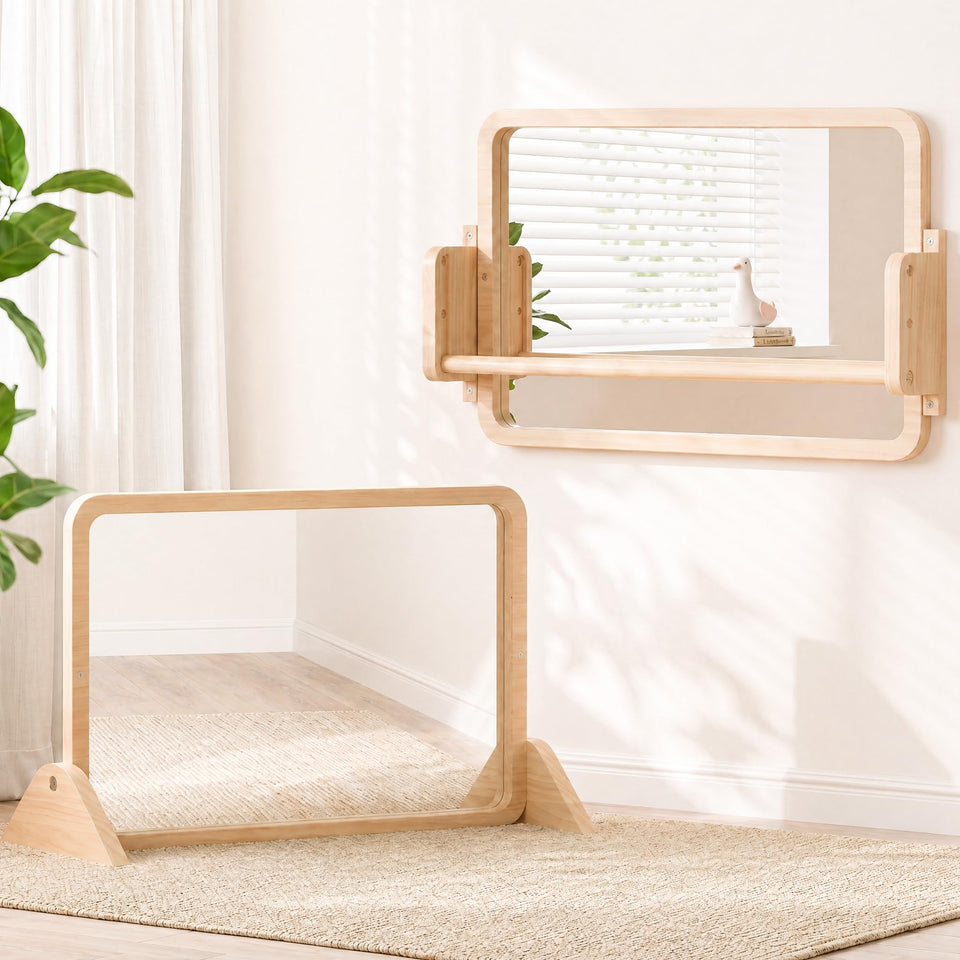 Woodtoe 3-in-1 Montessori mirror on the floor for floor tummy time exploration.