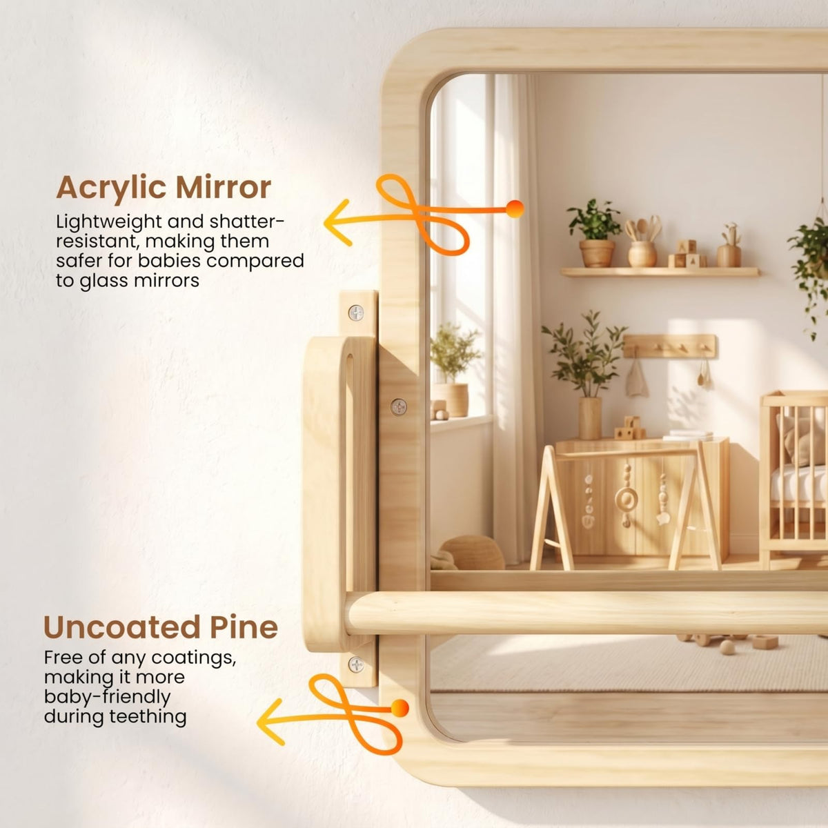 Woodtoe shatterproof acrylic mirror offers clear reflection with safety.