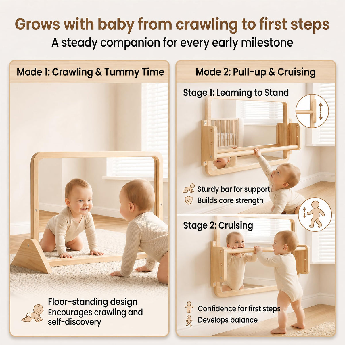 Woodtoe smooth unfinished pine wood invites tactile nursery exploration.