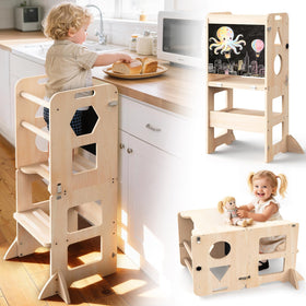 Woodure 3-in-1 toddler kitchen step stool shows sturdy A-frame safety for kids.