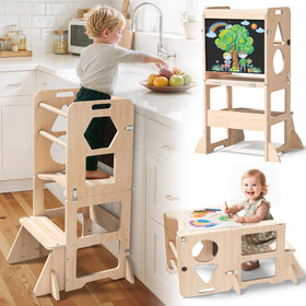Woodure 4-in-1 toddler kitchen step stool front view shows stable A-frame design for safe use.
