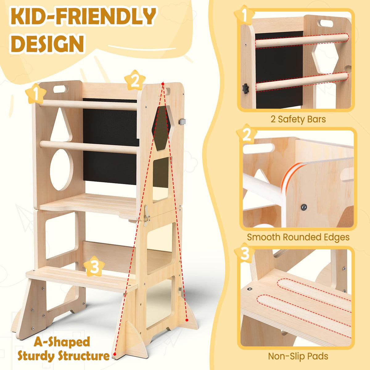 Woodure 4-in-1 step stool side view with safety bar highlights enhanced child security.
