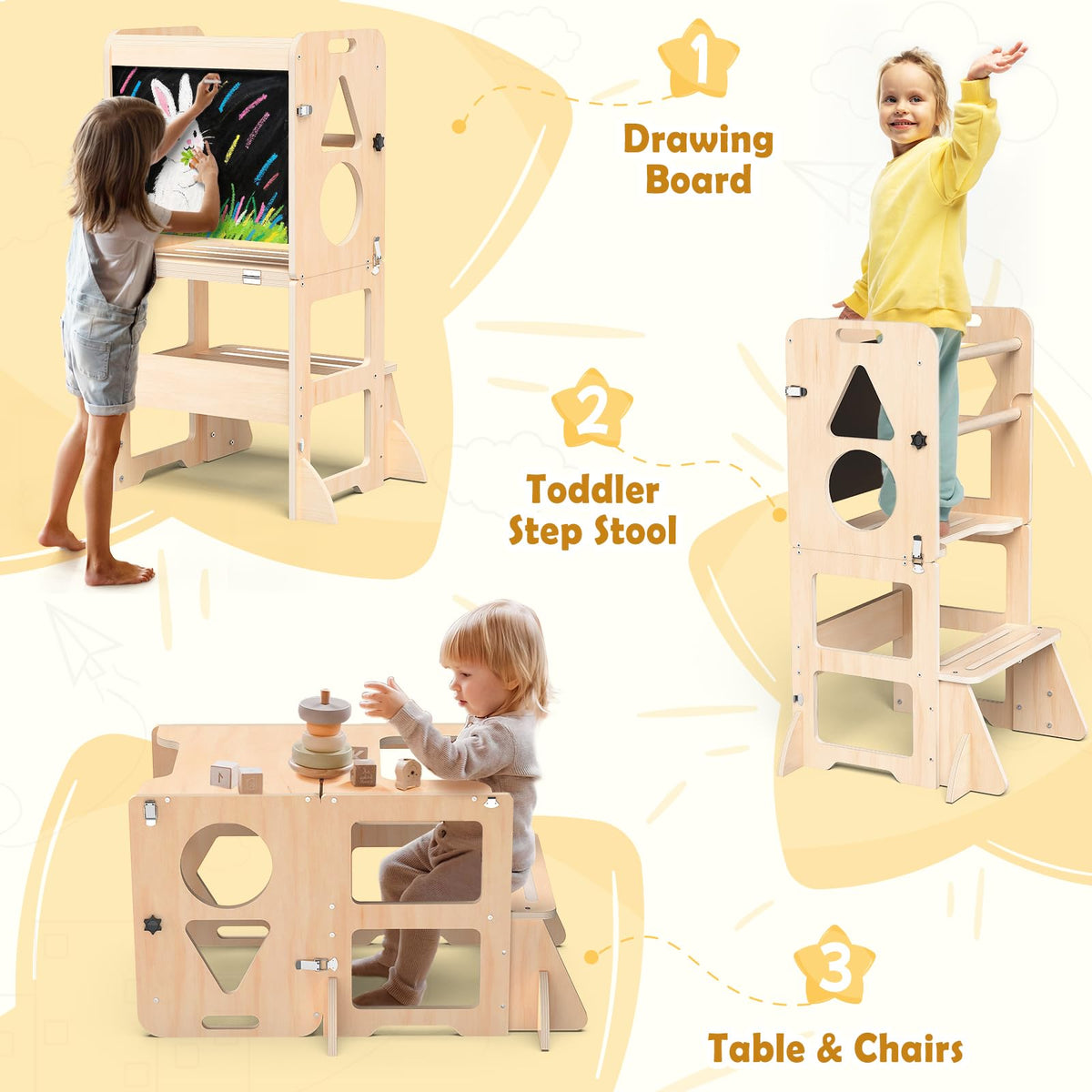 Woodure 4-in-1 toddler stool with blackboard invites drawing and imaginative play.