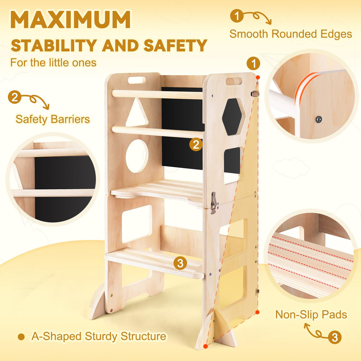 Woodure clip mechanism transforms stool into table and chair for learning activities.