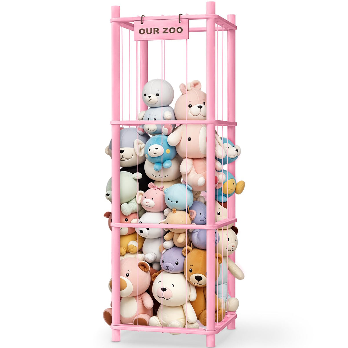 Woodure pink stuffed-animal-storage-zoo keeps plush toys neatly organized and accessible.