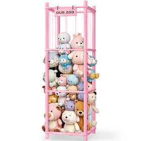 Woodure pink stuffed-animal-storage-zoo keeps plush toys neatly organized and accessible.
