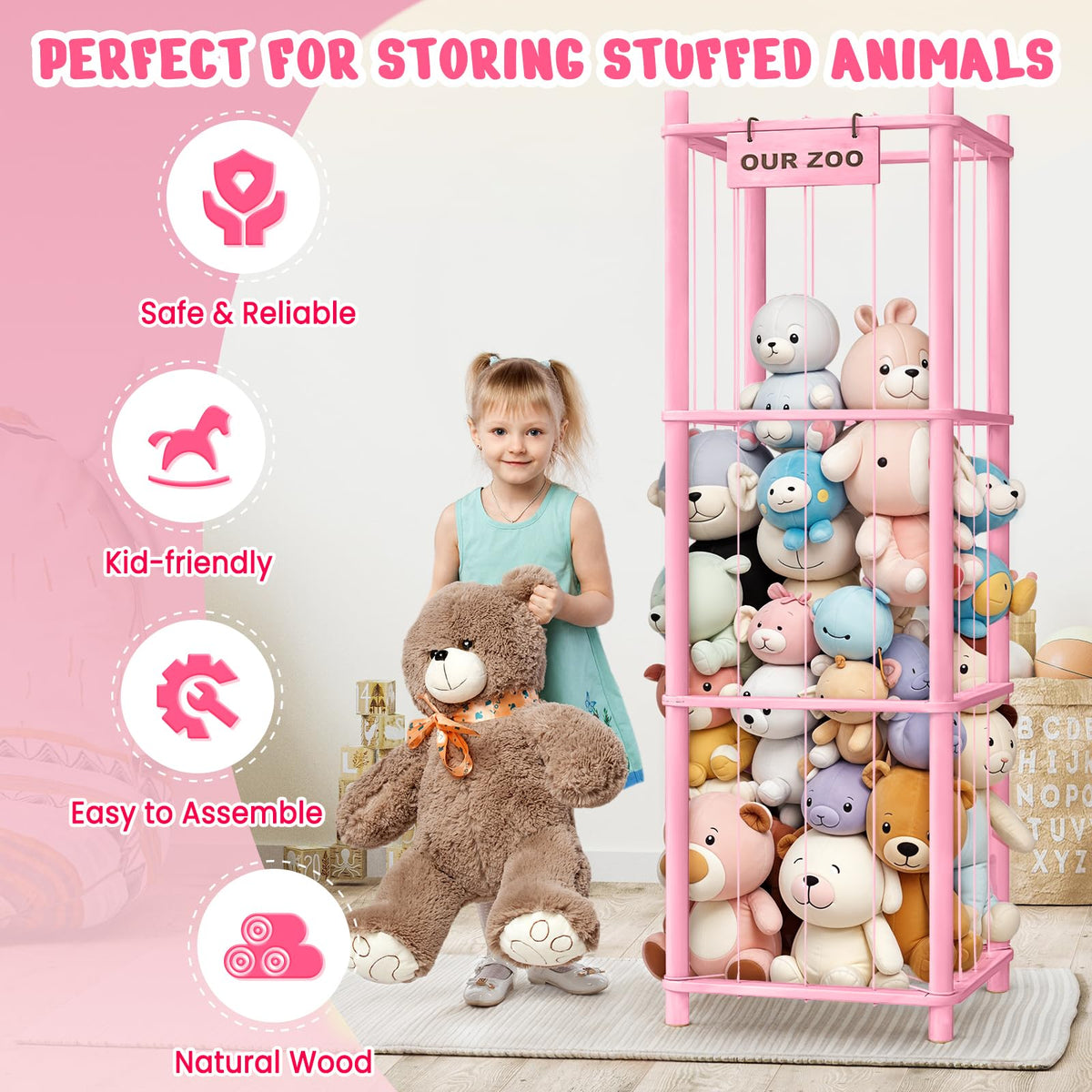 Woodure pink wooden-zoo-toy-holder shows space-saving design for tidy playrooms.