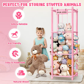 Woodure pink wooden-zoo-toy-holder shows space-saving design for tidy playrooms.