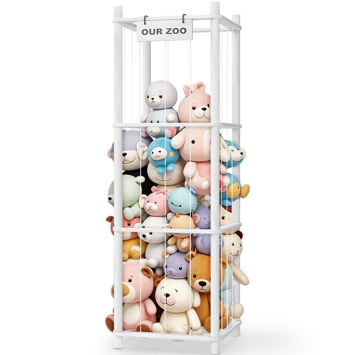 Woodure stuffed-animal-storage-zoo front view keeps toys neatly organized.