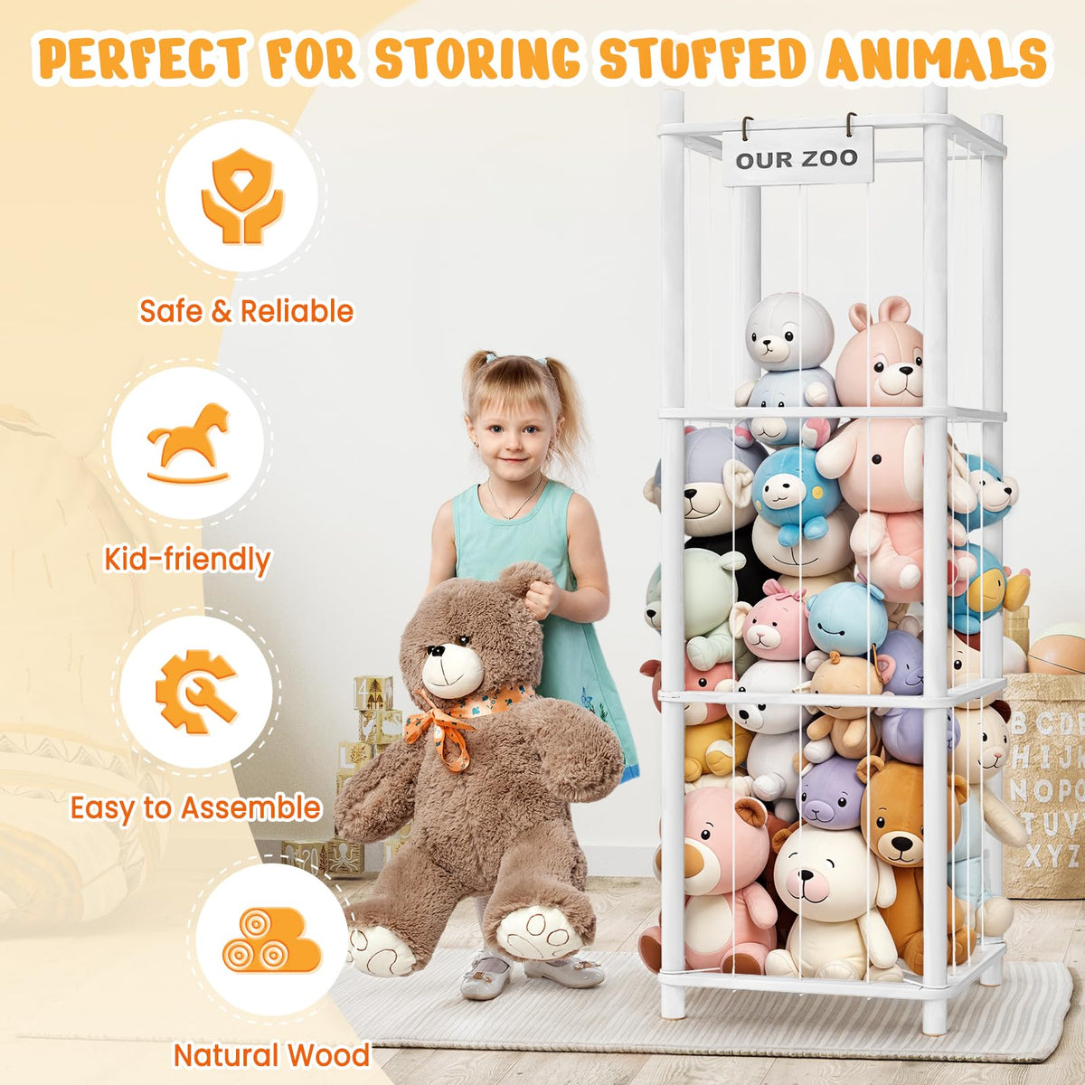 Woodure stuffed-animal-storage-zoo side view shows sturdy frame for daily use.