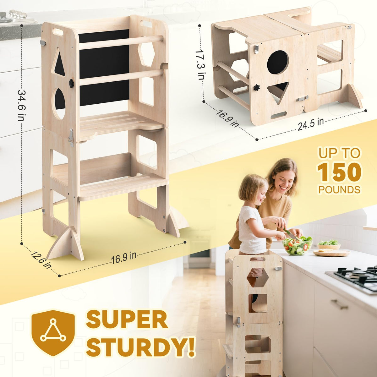 Woodure toddler kitchen step stool with blackboard invites creative drawing during meals.
