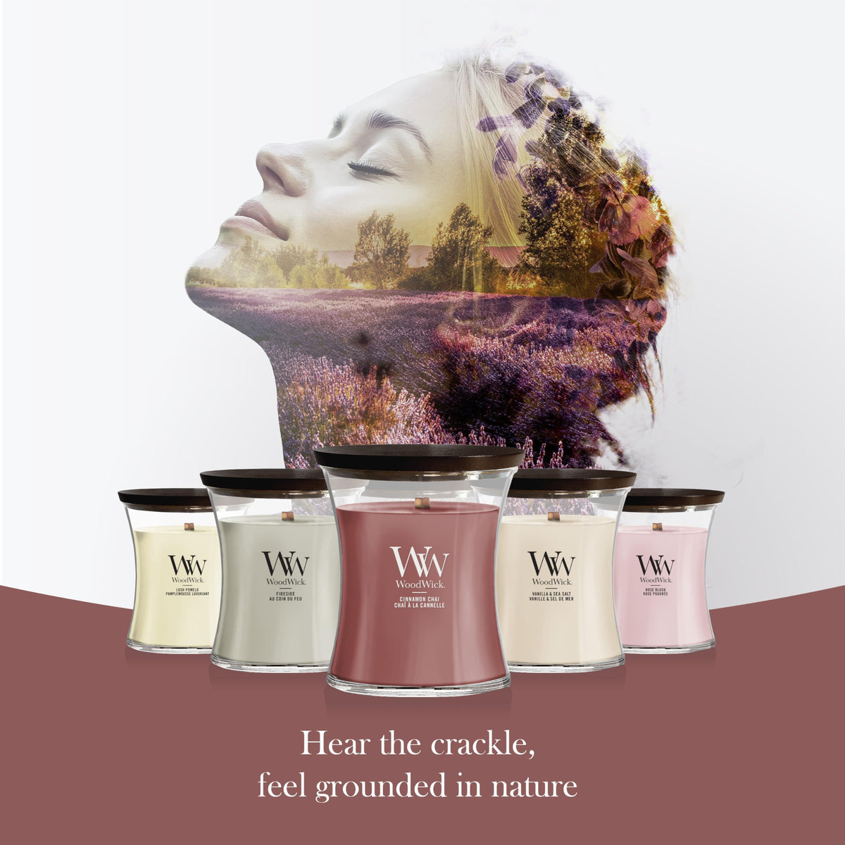 WoodWick 21.5 oz hourglass candle, long burn for extended evenings.