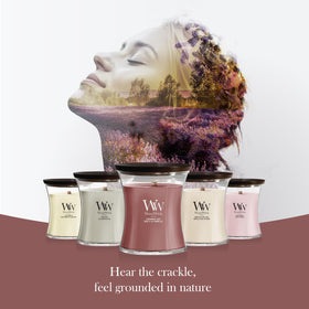 WoodWick 21.5 oz hourglass candle, long burn for extended evenings.