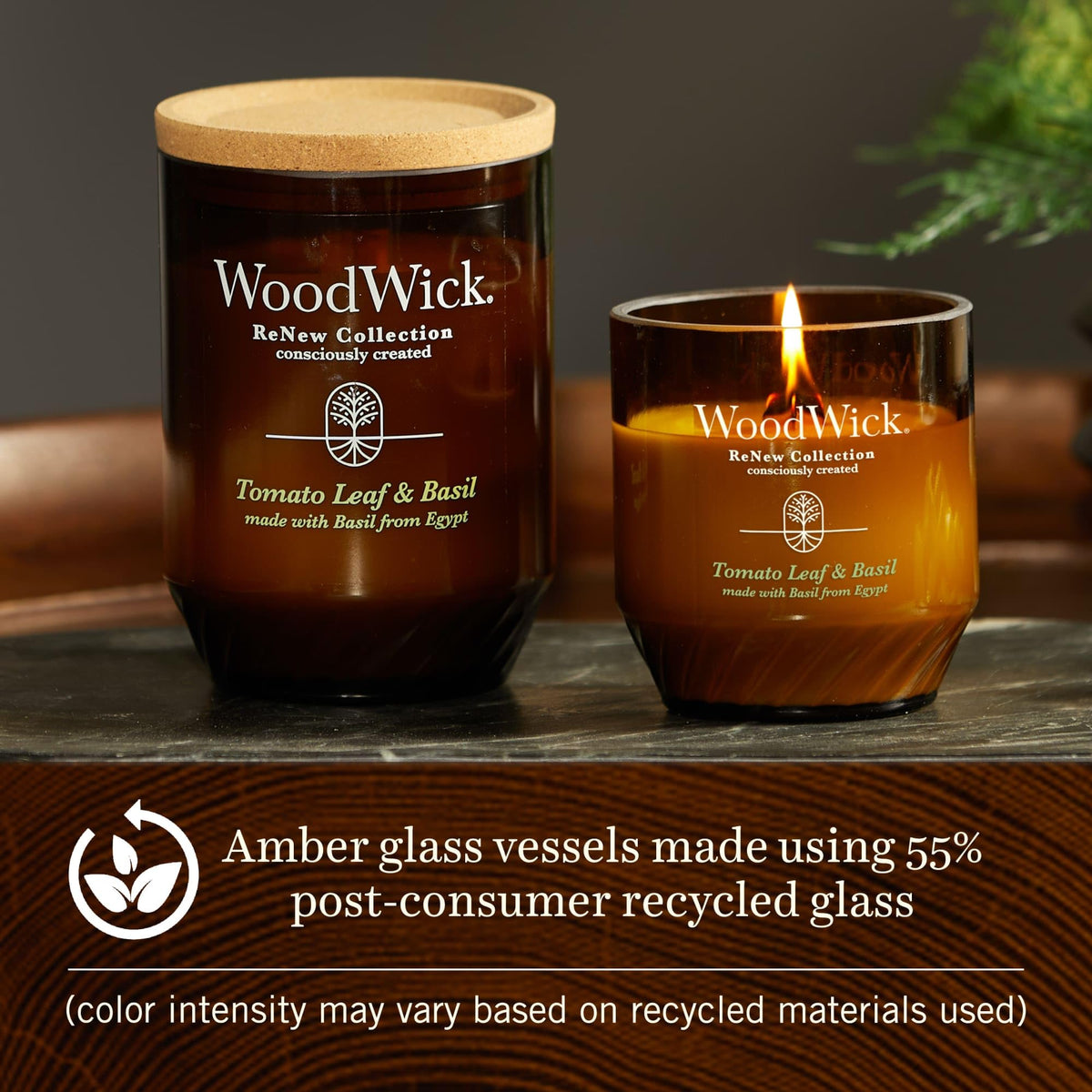 WoodWick amber glass vessel with 55 percent post-consumer recycled content
