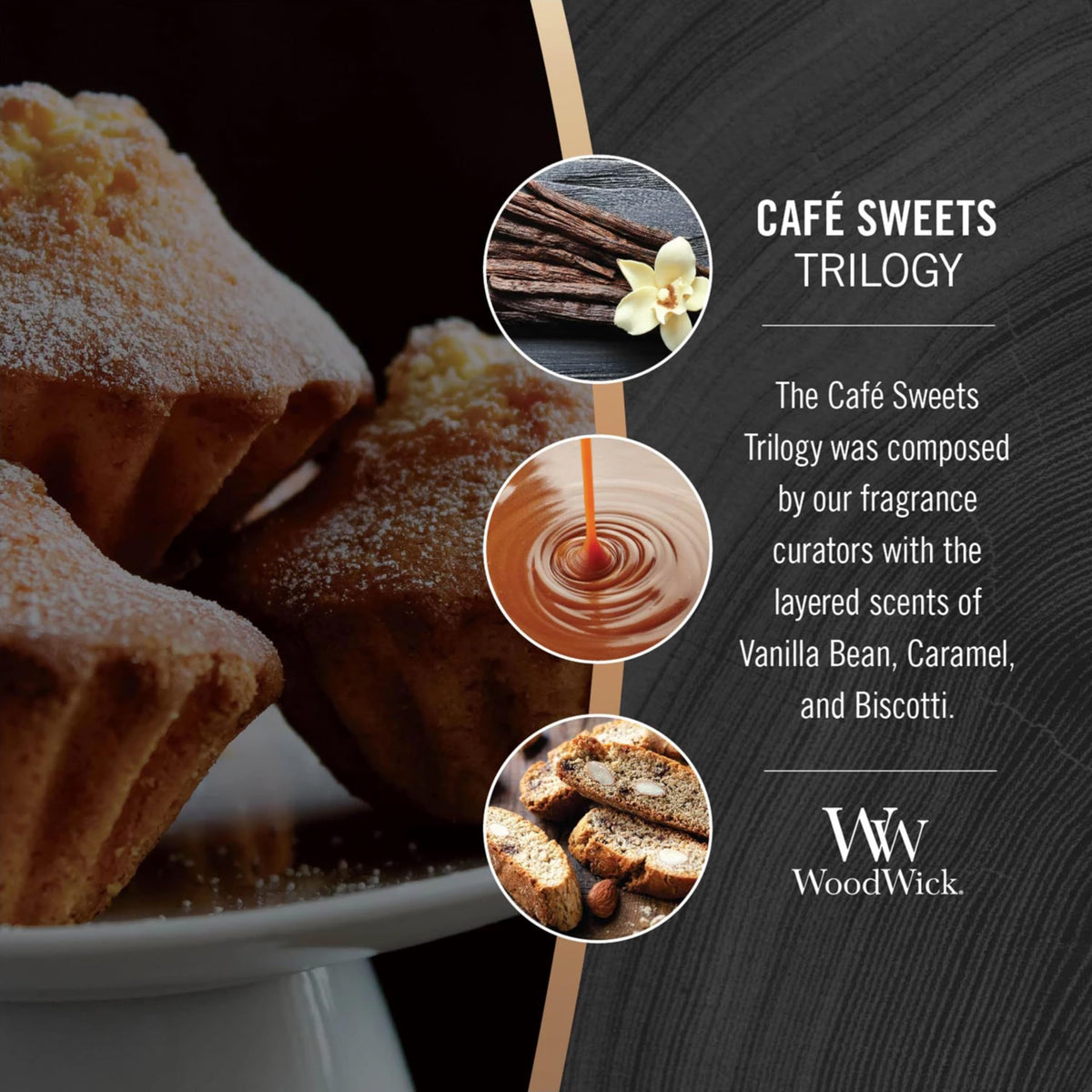 Biscotti layer of WoodWick Café Sweets Trilogy with baking, vanilla icing note