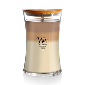 WoodWick Café Sweets Trilogy hourglass candle in jar with layered scents for evolving fragrance