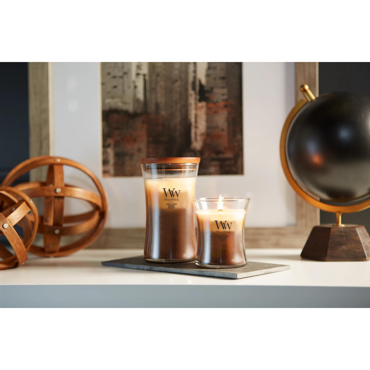 Layered fragrance reveal of WoodWick Café Sweets Trilogy evolving scent journey
