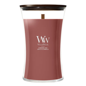 WoodWick Cinnamon Chai hourglass candle, elegant design for cozy spaces.
