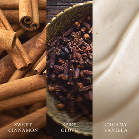 WoodWick Cinnamon Chai wax blend highlighting premium soy-paraffin for clean burn.