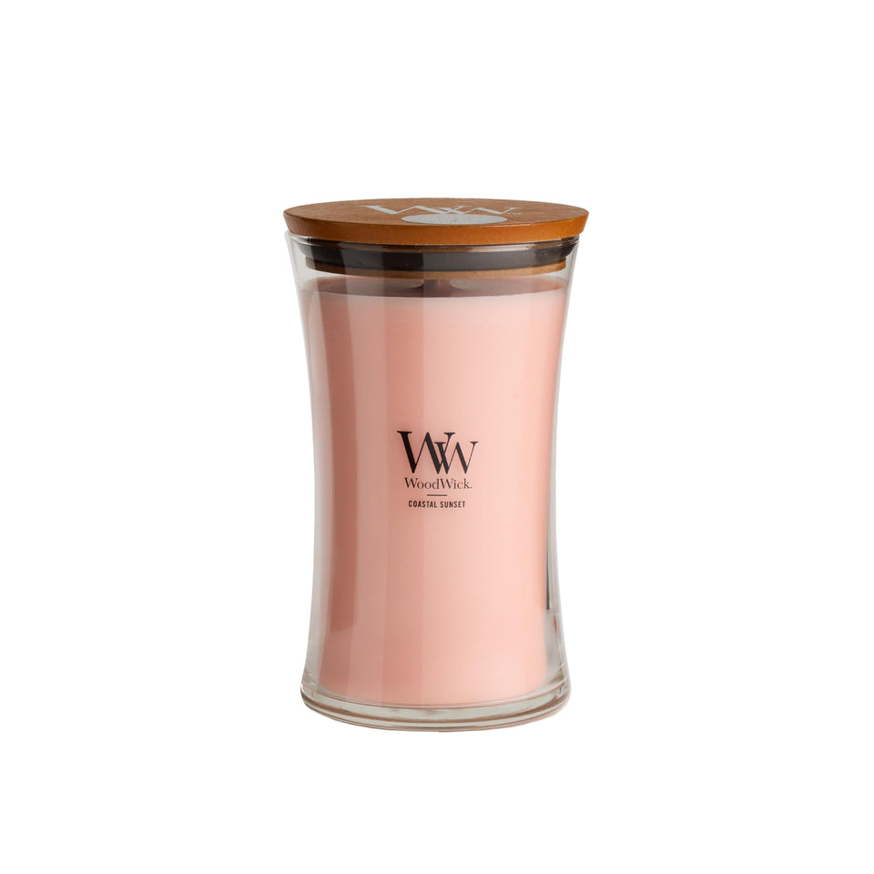 WoodWick Coastal Sunset hourglass 21oz candle creates cozy evenings with ambient light