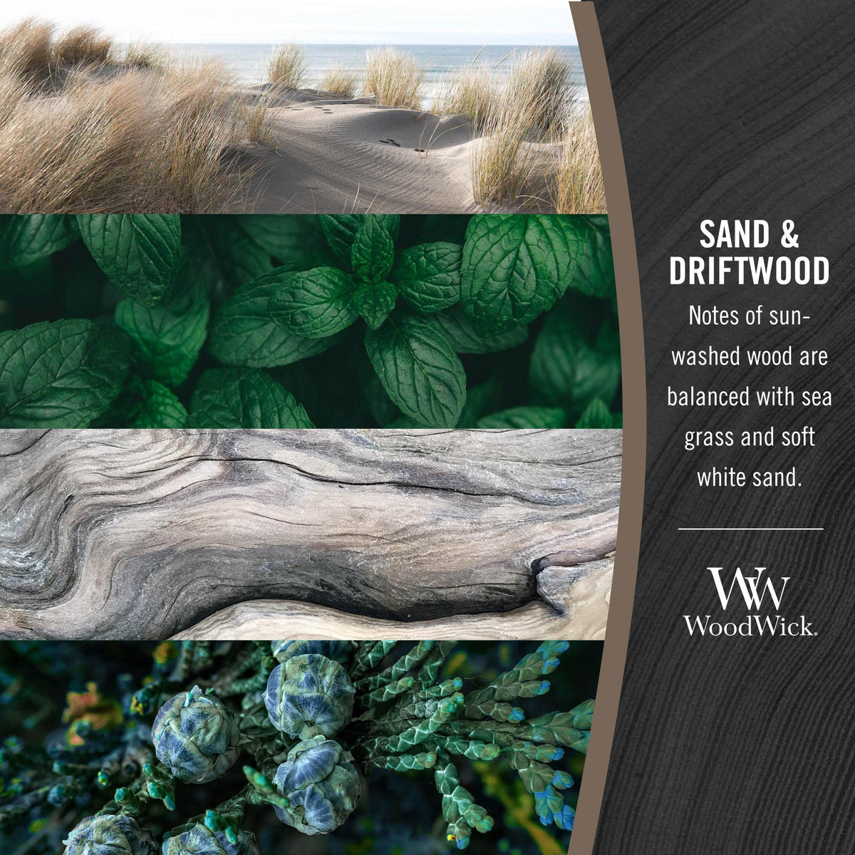 WoodWick crackling wick close-up highlighting warm, soothing sound.