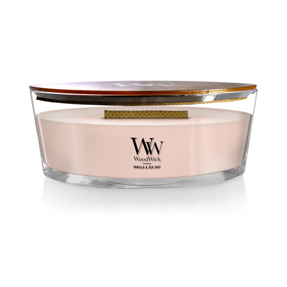 WoodWick Ellipse candle with Vanilla & Sea Salt, ellipse vessel for a stronger fragrance experience.