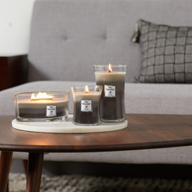 WoodWick ellipse vessel yields a large wax pool for a bold fragrance footprint.