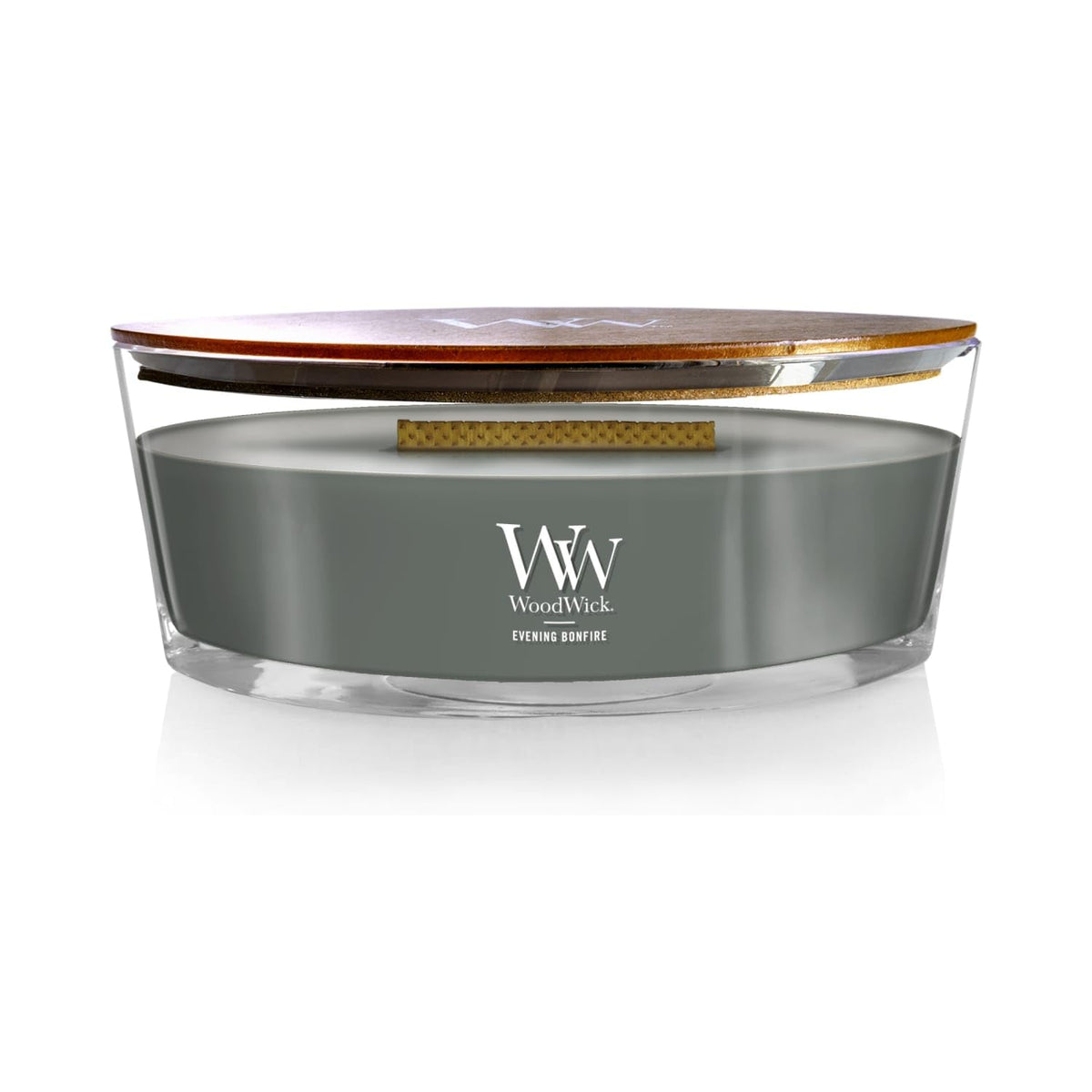 WoodWick Evening Bonfire ellipse candle with a large wax pool for strong fragrance.