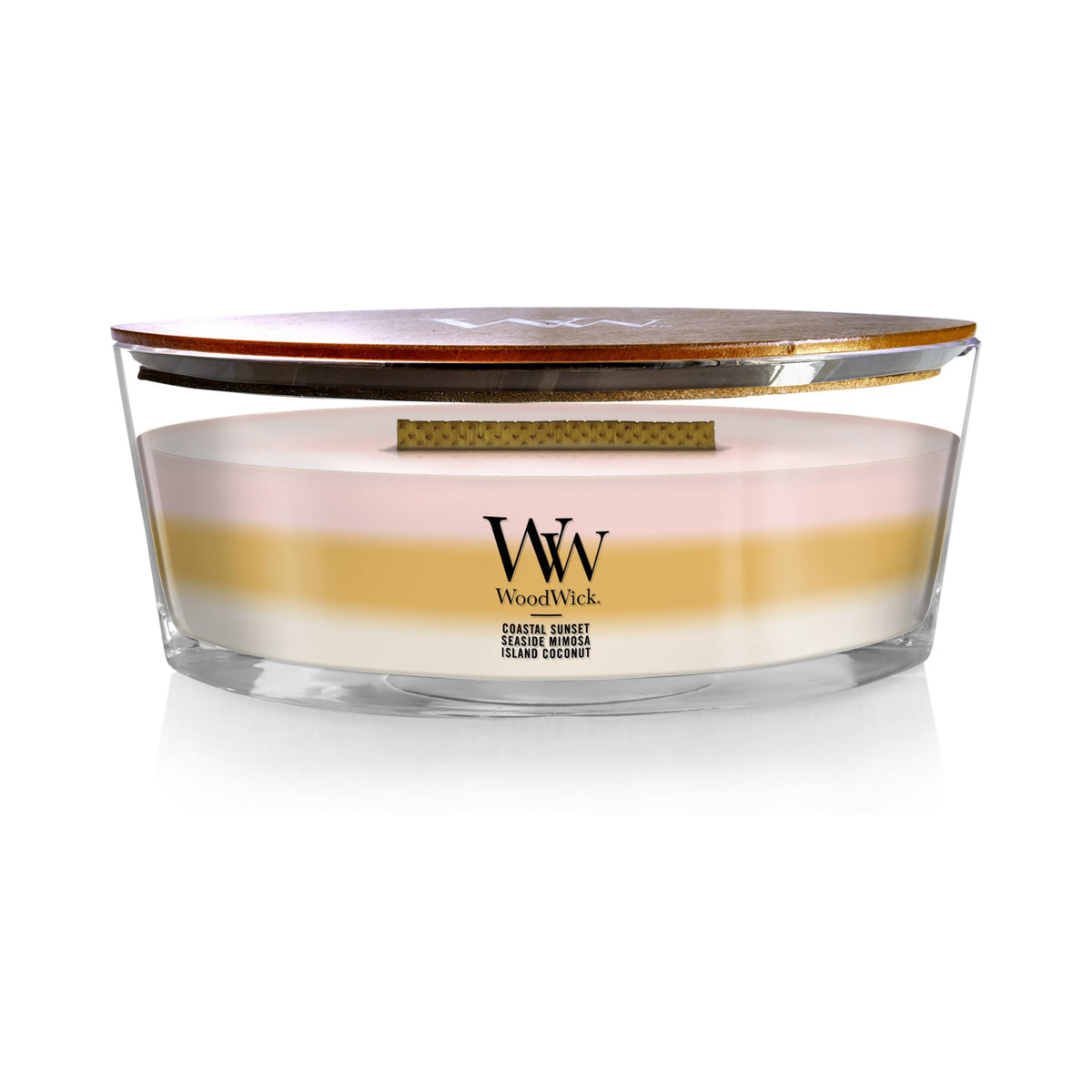 WoodWick Island Getaway Ellipse Candle with a large wax pool for even fragrance release
