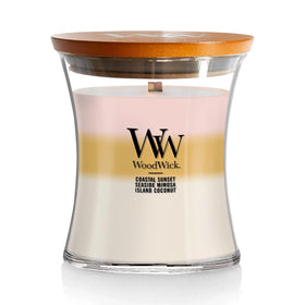 WoodWick Island Getaway Trilogy candle jar front view with layered scents for evolving aroma.
