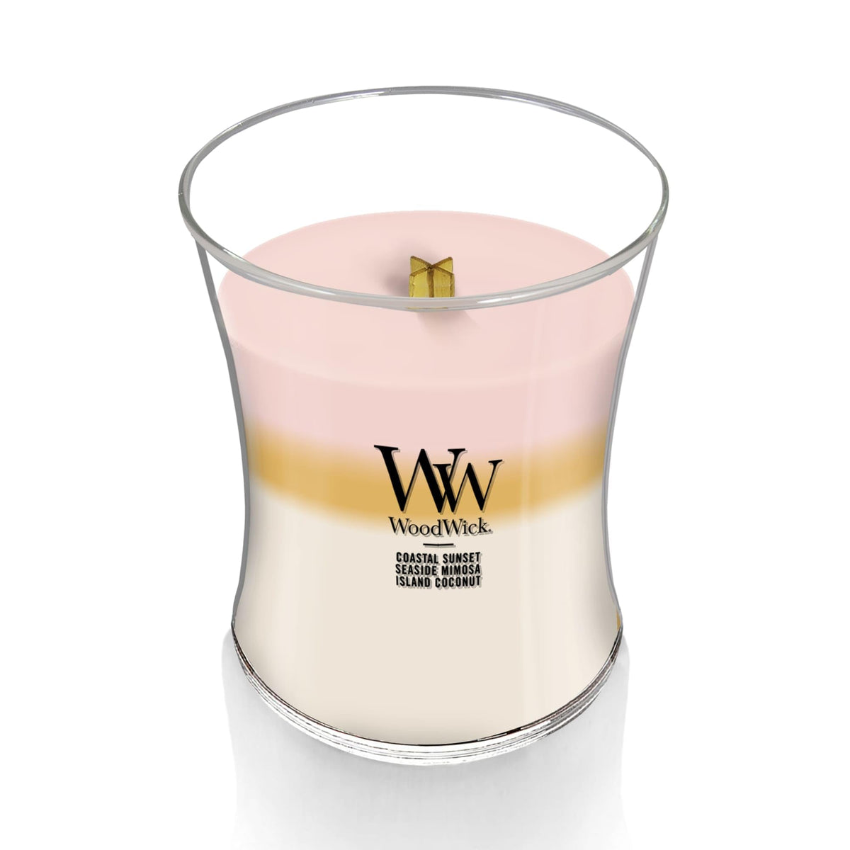 WoodWick Island Getaway Trilogy showing wax layers melting to reveal new fragrance notes.