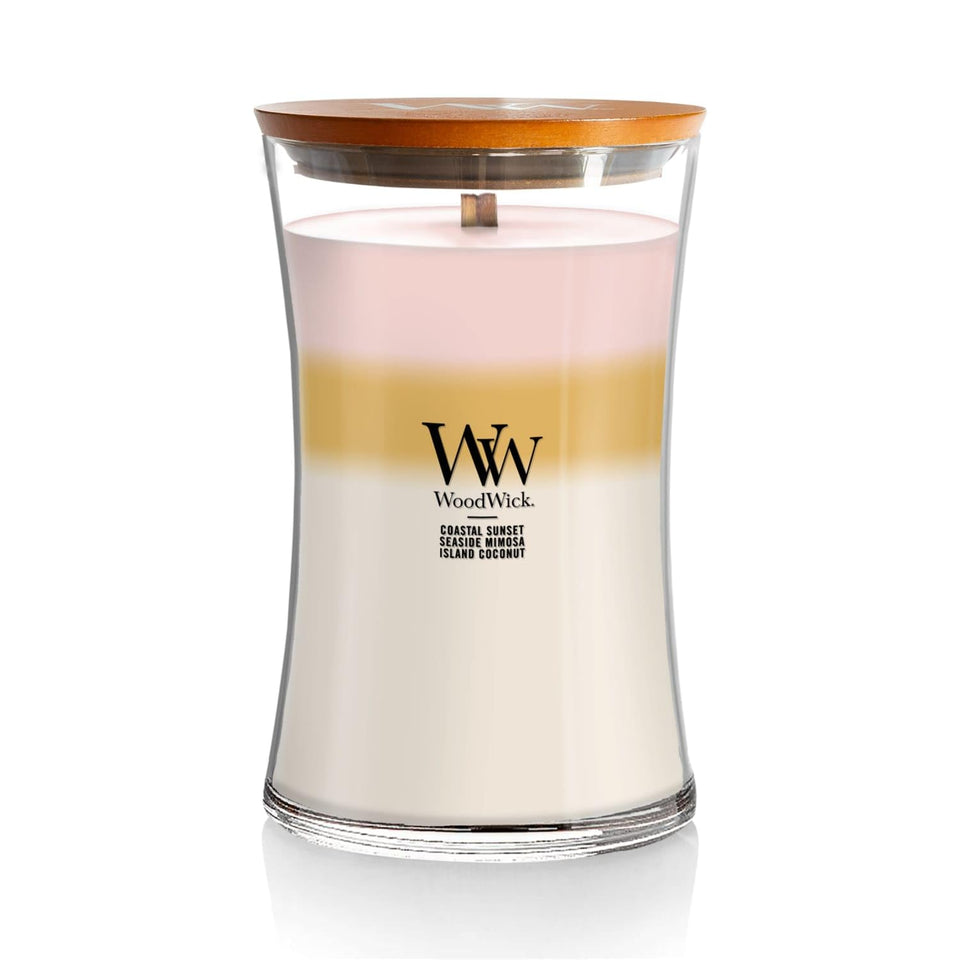 WoodWick Island Getaway Trilogy: Coastal Sunset glow for warm coastal ambience.