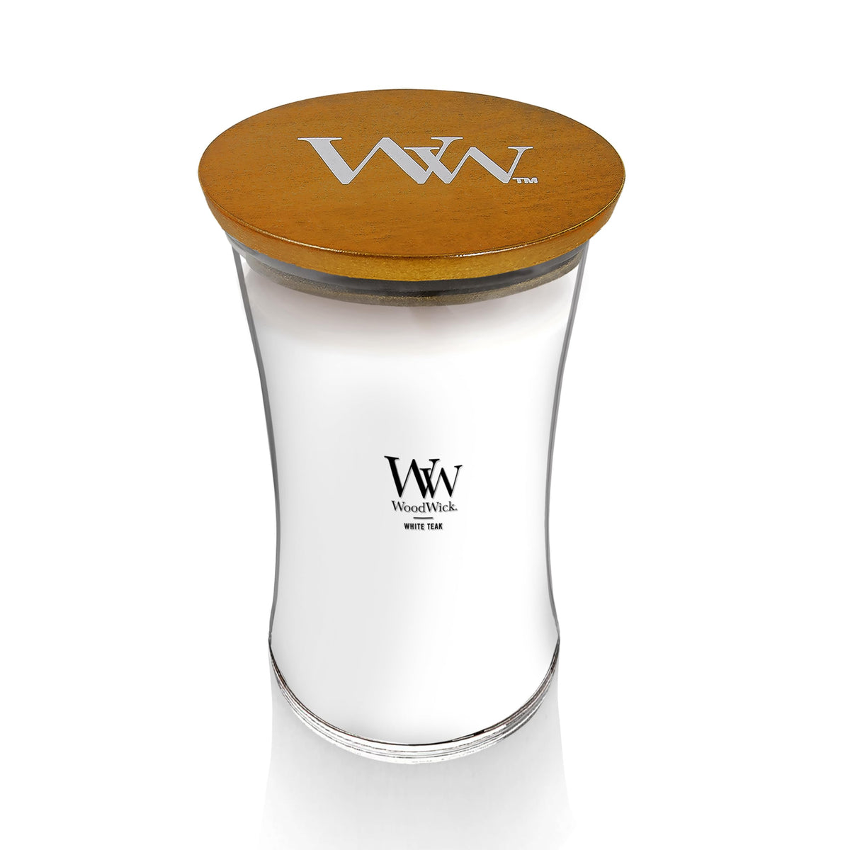 WoodWick Large Hourglass Candle White Teak crackling-wick close-up for cozy ambiance.