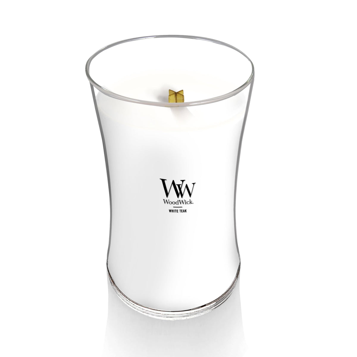 WoodWick Large Hourglass Candle White Teak fragrance blend fills the room with woody notes.