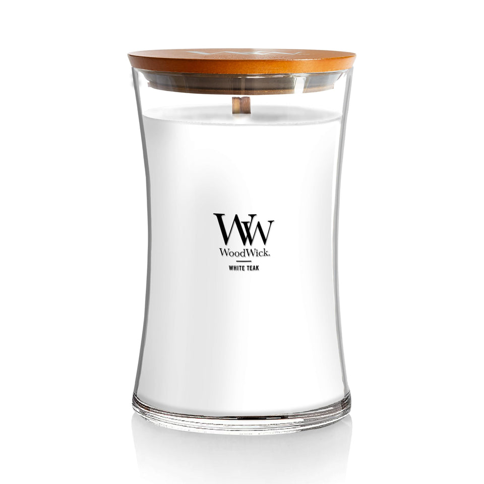 WoodWick Large Hourglass Candle White Teak jar elevates decor with subtle fragrance.