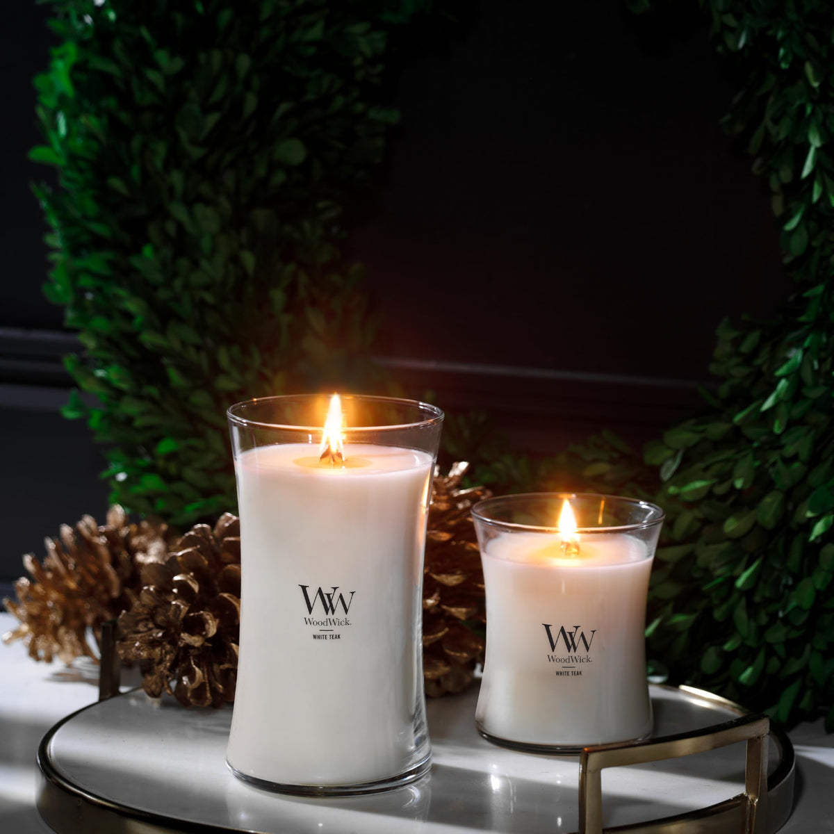 WoodWick Large Hourglass Candle White Teak proudly made in the USA.