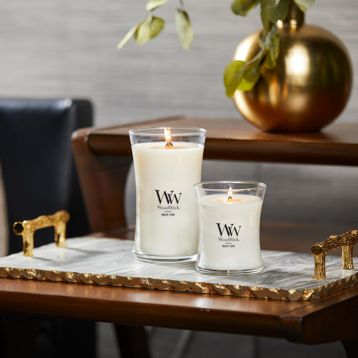 WoodWick Large Hourglass Candle White Teak wooden lid adds rustic charm.