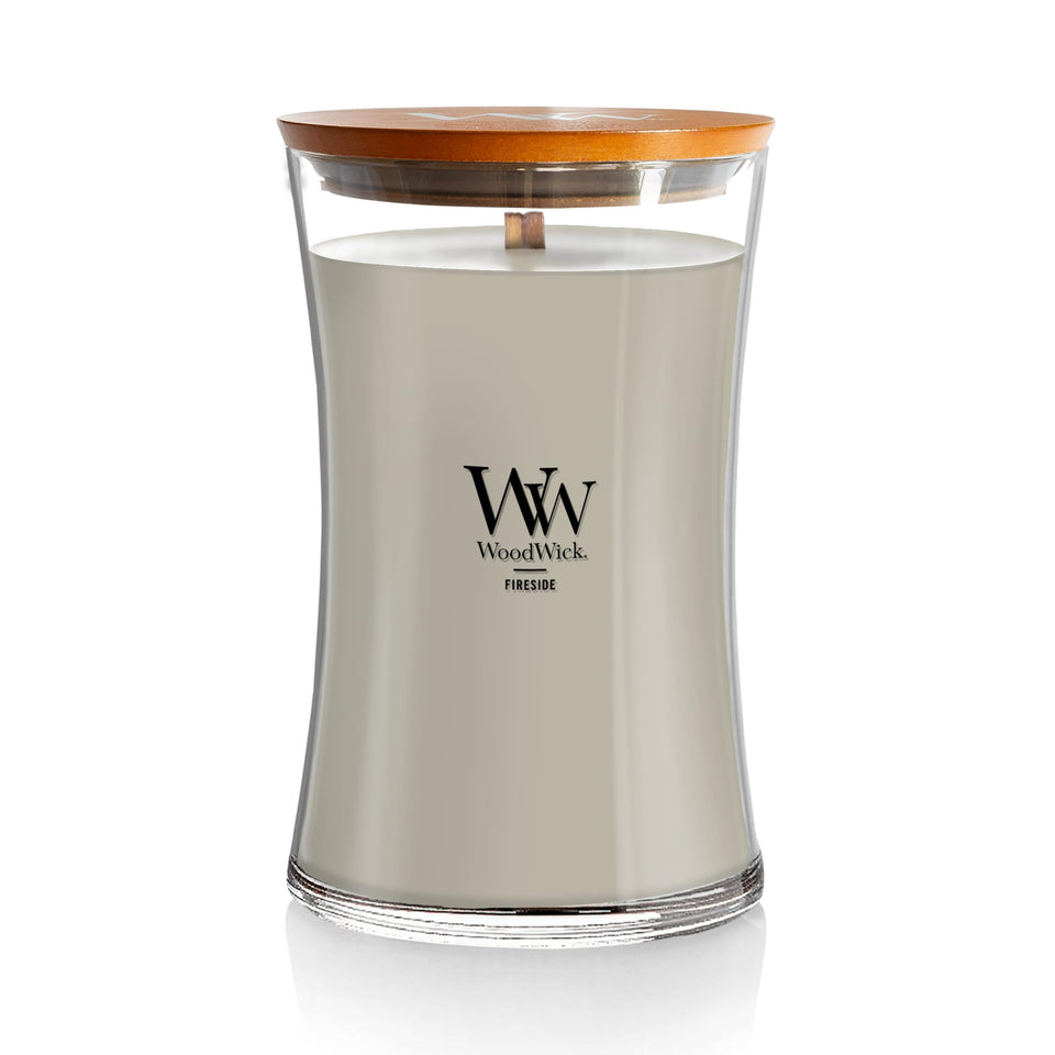 WoodWick Large Hourglass Fireside candle offers warm glow and crackling ambiance.