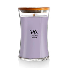 WoodWick Lavender Spa candle with crackling wick close-up enhances cozy ambience.