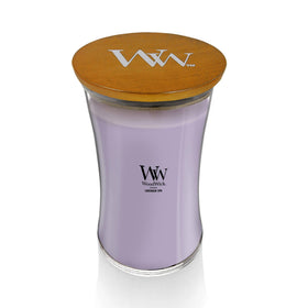 WoodWick Lavender Spa candle fragrance diffusion with lavender and eucalyptus notes.