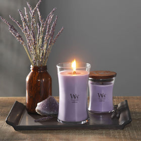 WoodWick Lavender Spa candle large hourglass jar adds modern decor.