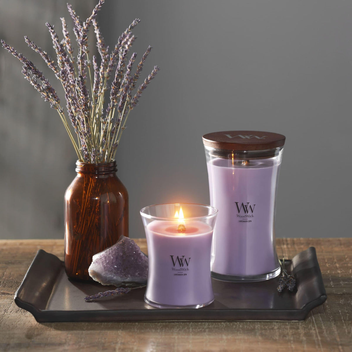 WoodWick Lavender Spa candle premium soy wax for clean burning.
