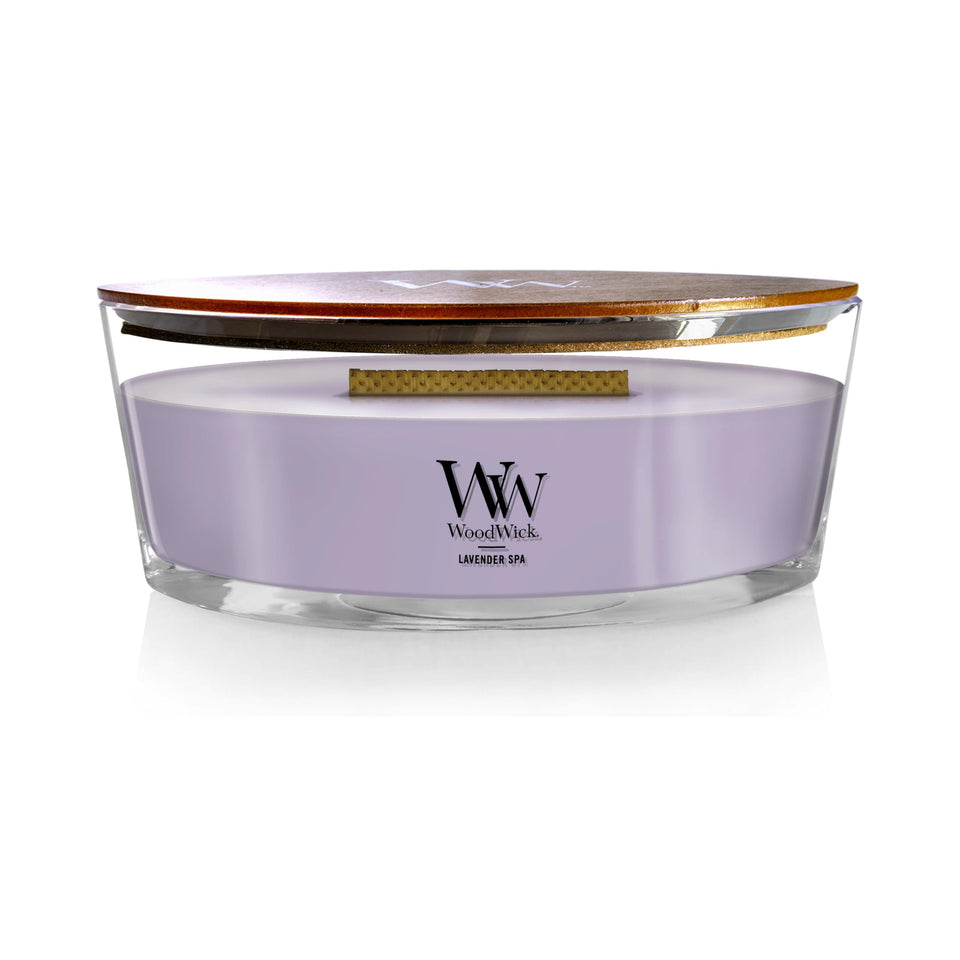 WoodWick Lavender Spa Ellipse Candle with wide melt pool for even fragrance diffusion.