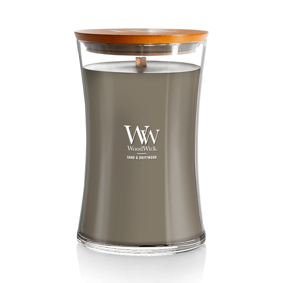 WoodWick Sand & Driftwood Hourglass Candle crackling wick for cozy evenings.