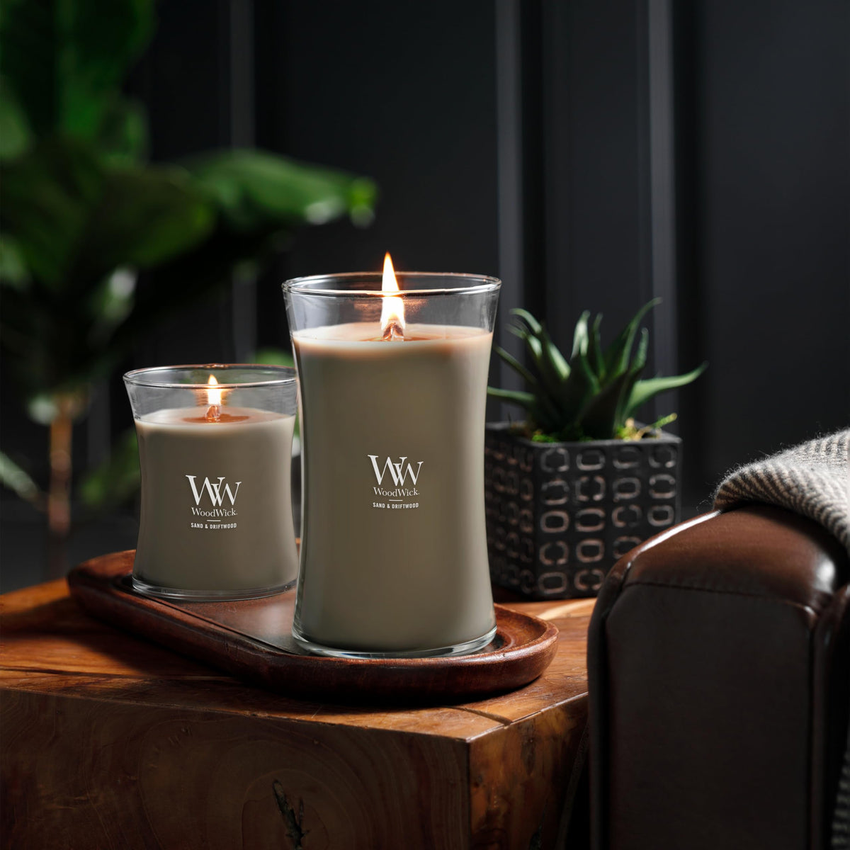 WoodWick Sand & Driftwood in a living room elevating scent and coziness.