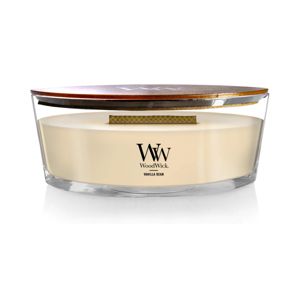 WoodWick Vanilla Bean Holiday Candle ellipse shows a full melt pool for even fragrance